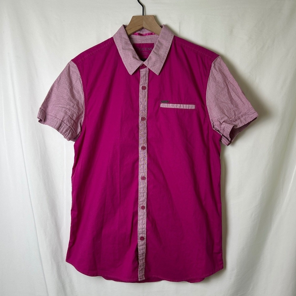 Guess Mens Slim Fit Contrast Short Sleeve Button Down Shirt Size L Magenta Pink
